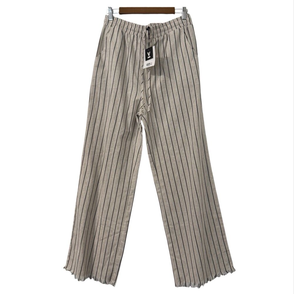 Very J Relaxed Linen Blend Striped Pants‎ Large Coastal Resort Vacation Casual